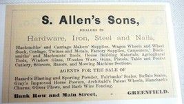 1889 Ad S. Allen&#39;s Sons, Greenfield, Mass. Hardware - £6.28 GBP