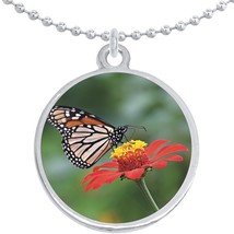 Orange Butterfly Flower Round Pendant Necklace Beautiful Fashion Jewelry - $10.77