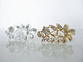 Silver  or gold  flowers and leaves pearls crystal hair pin clip barrette - £5.42 GBP