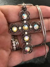 Vintage Large Aurora Borealis clear Rhinestone Open Cross Necklace Penda... - $75.00