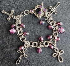 Sterling Silver Religious Cross Charms Bracelet Amethyst Toggle Clasp Handmade  - £137.29 GBP
