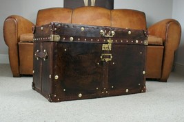 Antique Brown Finest Leather Trunk with Key English Leather Box handmade gift - £632.76 GBP