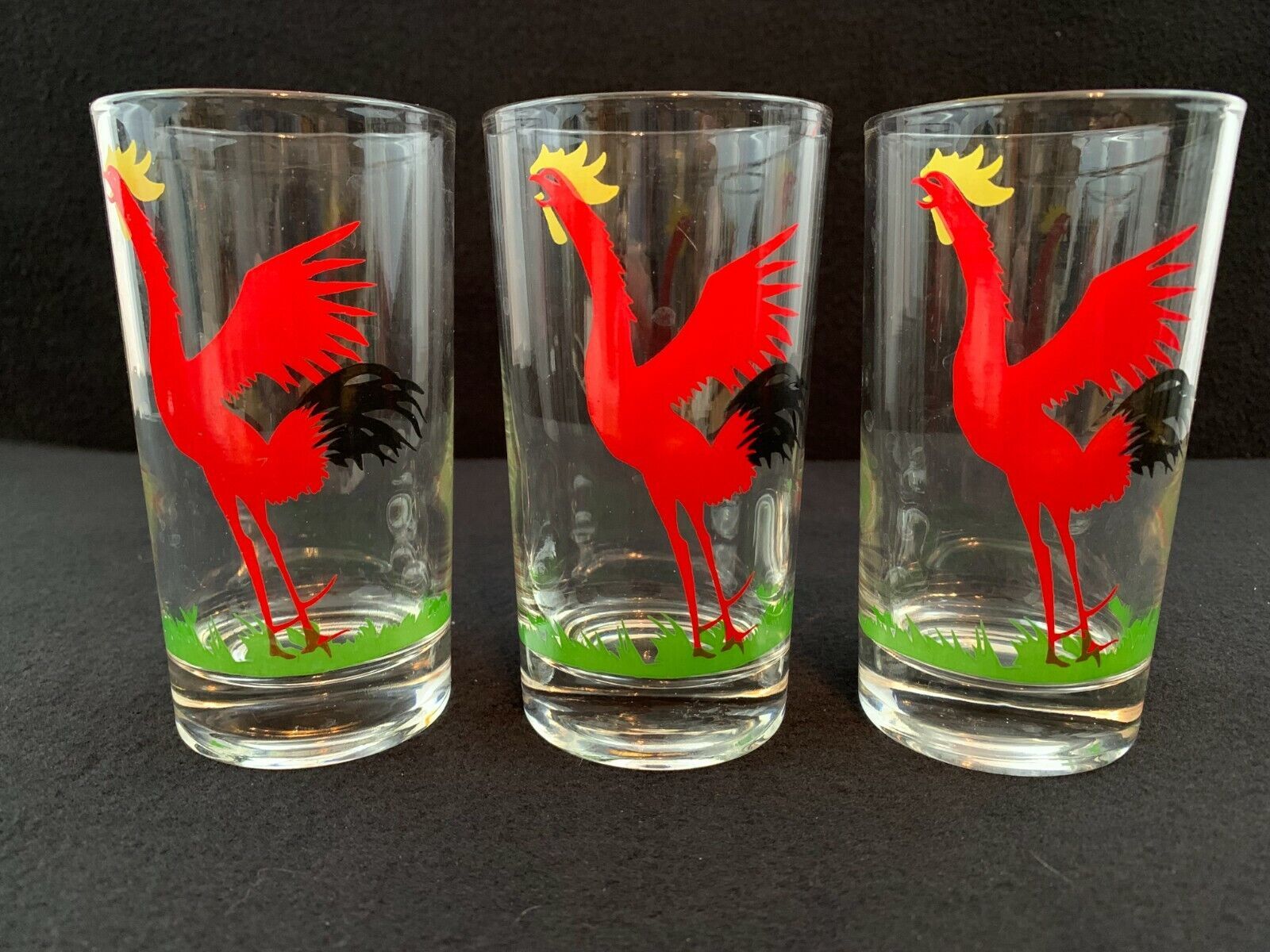 MINT! VINTAGE! 3 Red Cock-Cro Rooster Glasses Juice 4¾"T 2½"D Federal Glass 1950 - $16.54