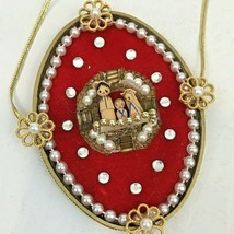 Vintage Christmas Ornament Nativity Diorama Red Velvet Pearl Gold Ribbon 3.5&quot;  - £9.43 GBP