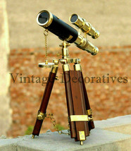 WAVE NAUTICAL- Nautical Marine Mini Double Barrel Brass Telescope With Wooden  - £46.12 GBP