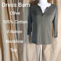 Dress Barn Olive Green V Button Neckline 100% Cotton Top Size M - £7.19 GBP