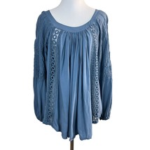 Tempo Paris Blouse Top Womens M Blue Crochet Lace Pleat Boho Peasant Lig... - £31.40 GBP