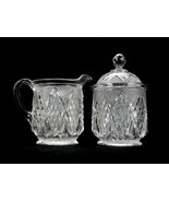 Glass Creamer &amp; Covered Sugar Bowl, Diamonds, Crosshatch Triangles, Foot... - $24.45
