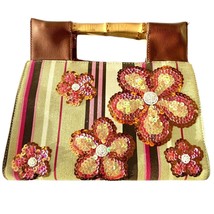 Far Nine Bamboo Handle Purse Sequin Beads Flowers Striped Fabric Clutch ... - $29.95