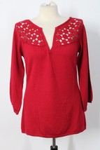 Sundance M Red Crochet Lace Merino Wool Split Neck Sweater Top - $32.30