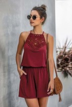 Women&#39;s Solid Halter Lace Sleeveless Patchwork Romper - $37.01 CAD