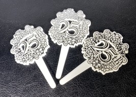 12 NEW PARTY CAKE TOPPER WEDDING CUPCAKE PICKS 25TH ANNIVERSARY SILVER D... - $6.35