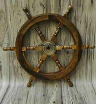 18&quot;Nautical Wooden Ship Steering Wheel Pirate Décor Wood Brass Fishing Wall... - £56.94 GBP