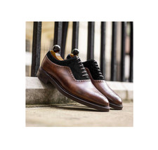 Men&#39;s Two Tone Black Suede Brown Brogue Toe Oxford Leather Lace Up Shoes US 7-16 - £111.39 GBP