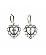 Cross Heart Earrings 12mm Sterling Silver Hoops Huggies Drop 1.25&quot; Dainty  - $12.00
