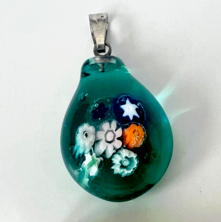 Murano Glass Handcrafted Millefiori Green Pendant &amp; 925 Sterling Silver ... - $29.90