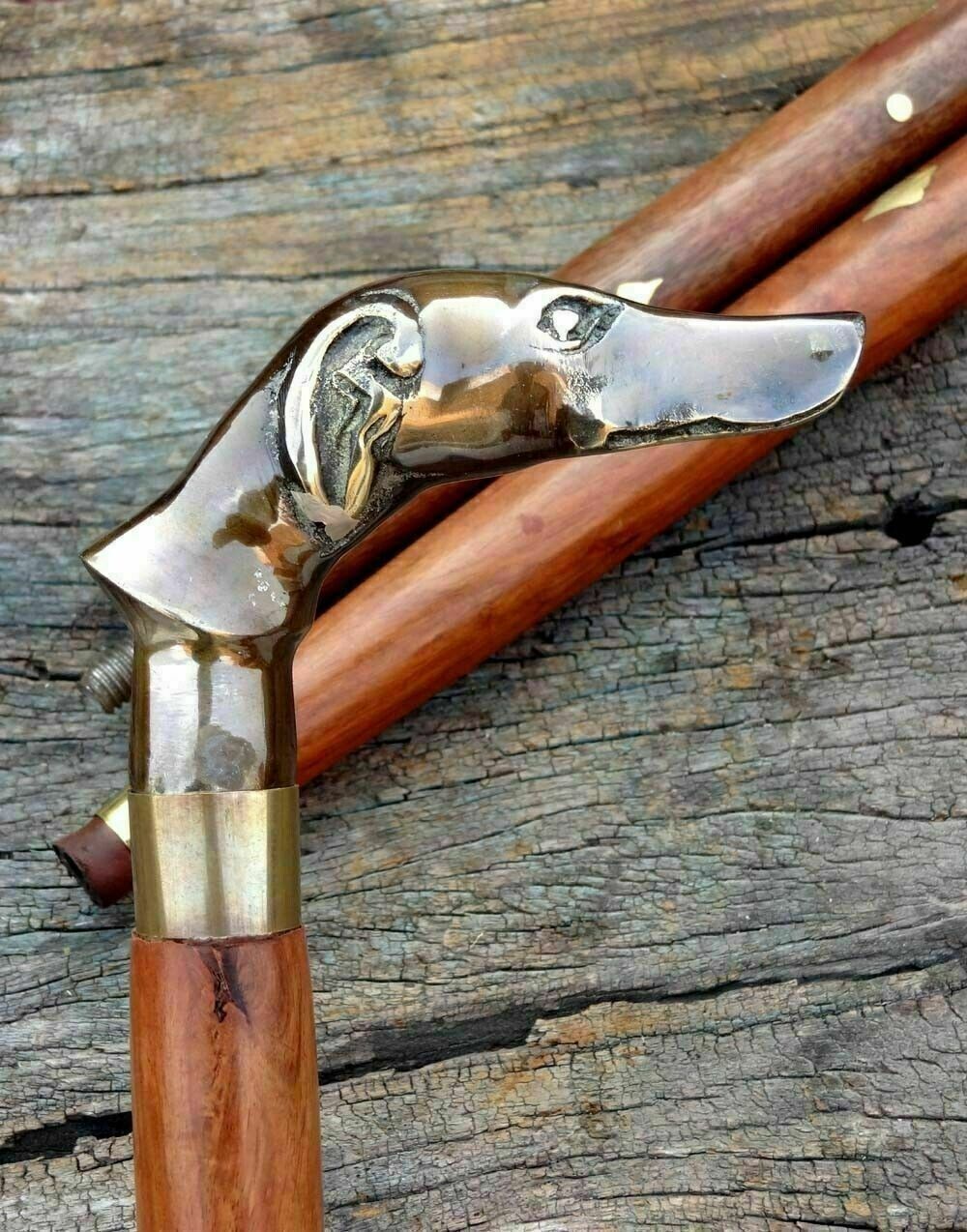 Walking Stick Handle  Victorian Brass Cane Wooden Vintage Style Dog Head... - $26.96