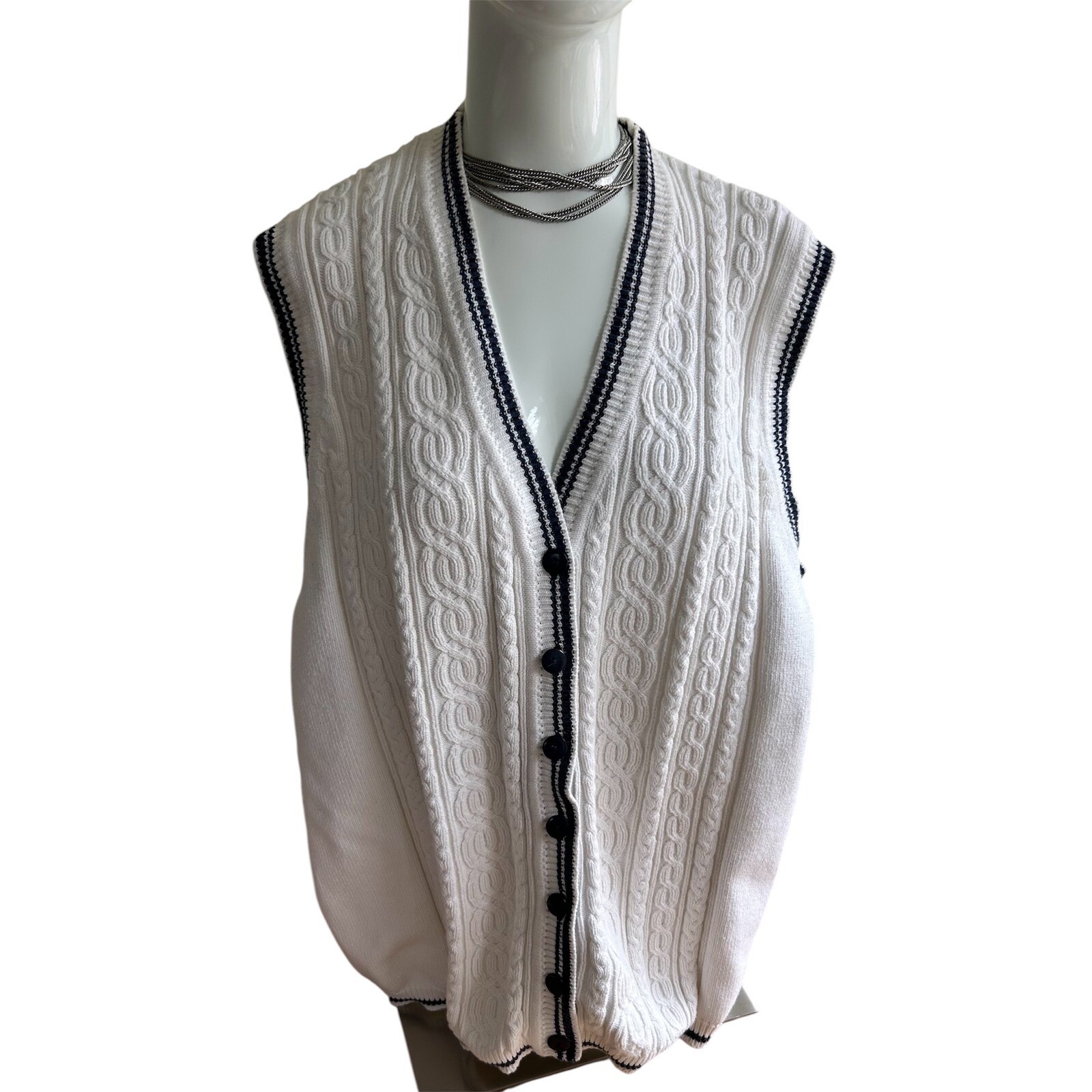 Y2K Elisabeth Liz Claiborne 2XL black white sleeveless cardigan preppy v... - $14.69