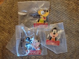 LOT of 3 Vntg NoS! 1986 Disney Coca-Cola Pins- Mickey Mouse, Pluto, Goofy - $27.71