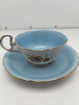 Vintage Abj Grafton China Powder Blue Flowers Gold Rim Tea Cup &amp; Saucer England - $17.53