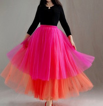 Hot Pink Red Tiered Tulle Maxi Skirt Outfit Women Plus Size Pleated Tulle Skirt image 2