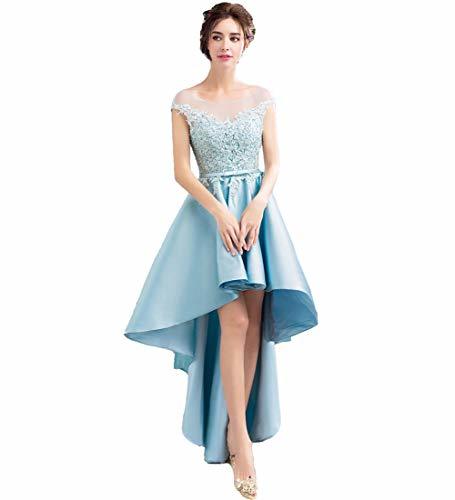 Sheer Cap Sleeves Bateau Lace High Low Prom Homecoming Dresses Sky Blue US 2