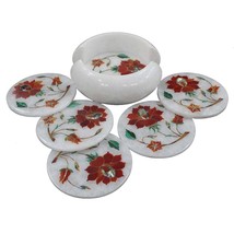 Marble Round Coaster Set Handmade Floral Art Semi Precious Inlay Stone H... - $174.00