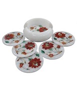 Marble Round Coaster Set Handmade Floral Art Semi Precious Inlay Stone H... - £137.47 GBP