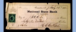 1882 antique NATIONAL STATE BANK camden nj CHECK,CUTHBERT w/REVENUE STAMP - $24.70