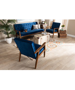 Kennedy Navy Blue Velvet Fabric Walnut Finished 3-Piece Wooden Living Ro... - $22,216.53 MXN