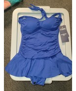 Chaps Halter One Piece Skirted Swim Suit Solid Blue Molded Cups New 6 - $47.35 CAD