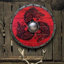 Fenrir Red Wolf Authentic Battleworn Viking Shield Wooden Medieval Round Shield - £103.15 GBP