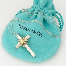20&quot; Tiffany &amp; Co Mens Unisex Silver 18K Gold Cross Crucifix Pendant Necklace - £334.43 GBP
