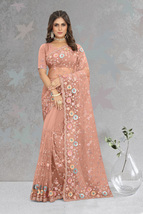 Designer Dusty Peach Multi Sequence Embroidery Work Sari Net Party Wear ... - $102.95