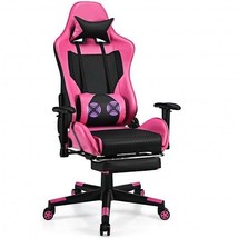 PU Leather Gaming Chair with USB Massage Lumbar Pillow and Footrest -Pink - Colo - £164.40 GBP