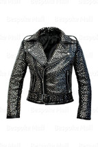 New Woman&#39;s Black Punk Silver Metallic Studded Cowhide Biker Leather Jacket-879 - £398.22 GBP