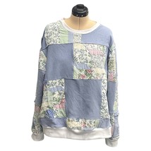 Vintage Quilted and Denim Patchwork Sustainable Blue White Floral Sweats... - $179.00