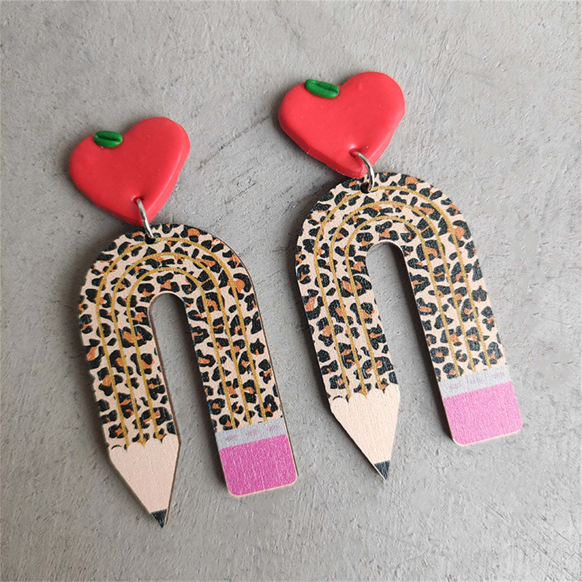 Primary image for Brown Wood & Acrylic Silver-Plated Heart Leopard Pencil Drop Earrings