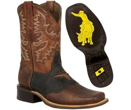 Mens Western Cowboy Boots Cognac Longhorn Design Leather Square Toe Botas - £75.14 GBP