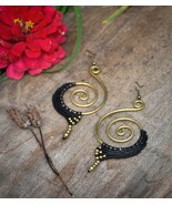 tiger eye macrame earrings, dark brown tribal jewelry, spiral brass earr... - $34.19 CAD