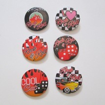 Retro Rock N Roll 6 Button Pin Set Flames Dice Cool Cat Car 50s Style - £14.05 GBP