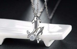 New Rhodium Color Genuine 925 Sterling Silver Jewelry Double Dolphin Necklace - £10.25 GBP