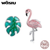 WOSTU Real 925 Silver Flamingo and Leaf Stud Earrings Animal Earrings For Women  - £18.26 GBP