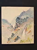 antique JAPANESE signed WATERCOLOR WATERFALL MOUNTAIN - £54.56 GBP