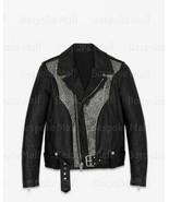 New Men&#39;s Black Silver Studded Punk Rock Cowhide Biker Leather Jacket Be... - $299.99