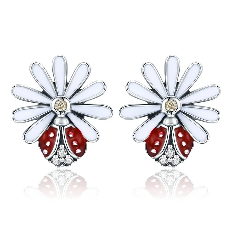 Authentic 925 Sterling Silver Daisy Flower Red Ladybug Stud Earrings for Women F - £17.62 GBP