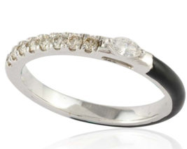 Black Enamel Diamond Stackable Band Ring 14k Solid White Gold - £589.43 GBP