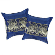 Blue Playful Elephant Pair Silk Throw Pillow Cushion Cover Set - $22.17
