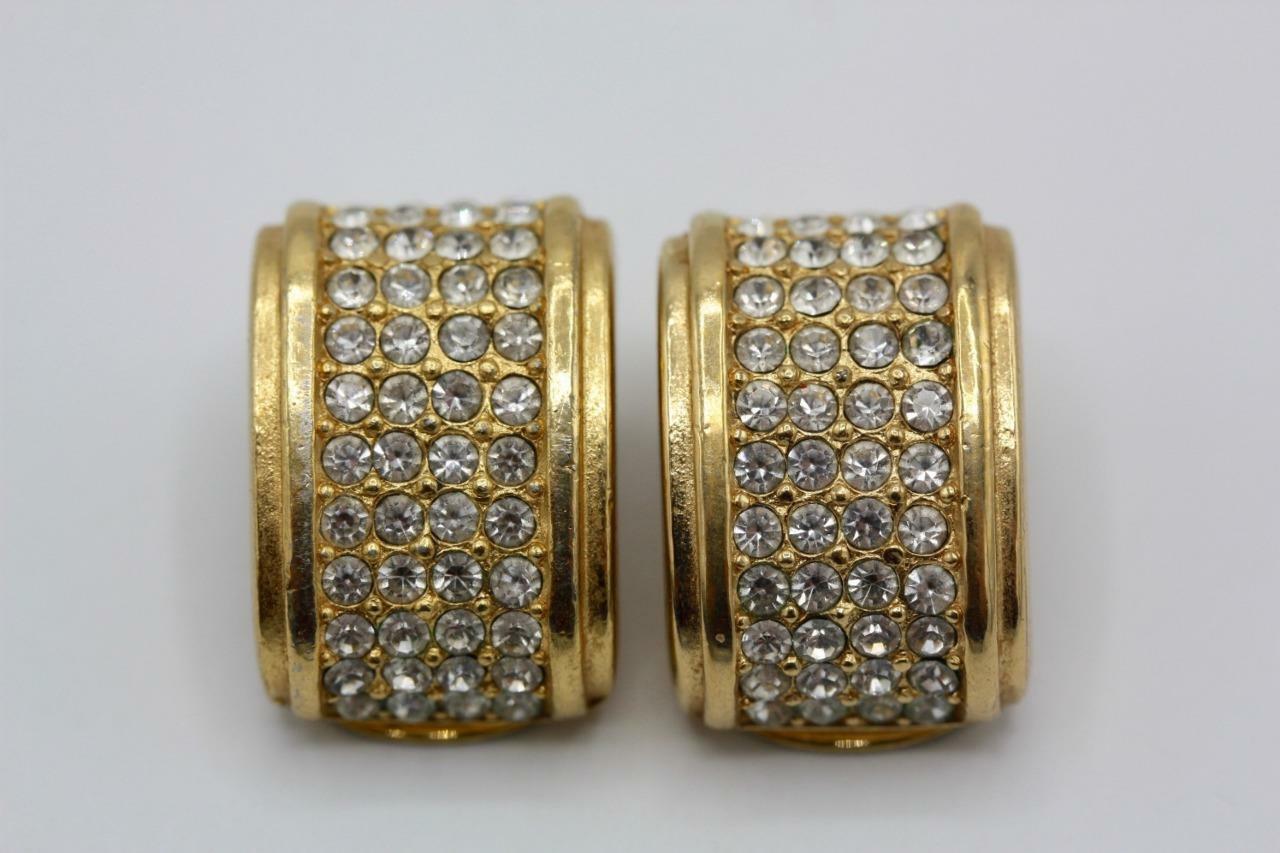 Vintage Christian Dior Gold-tone Clear Crystal Wide Half Hoop Clip On Earrings - $163.63