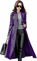 Women&#39;s Genuine Lambskin Leather Trench Long Purple Stylish Halloween Overcoat - £132.38 GBP